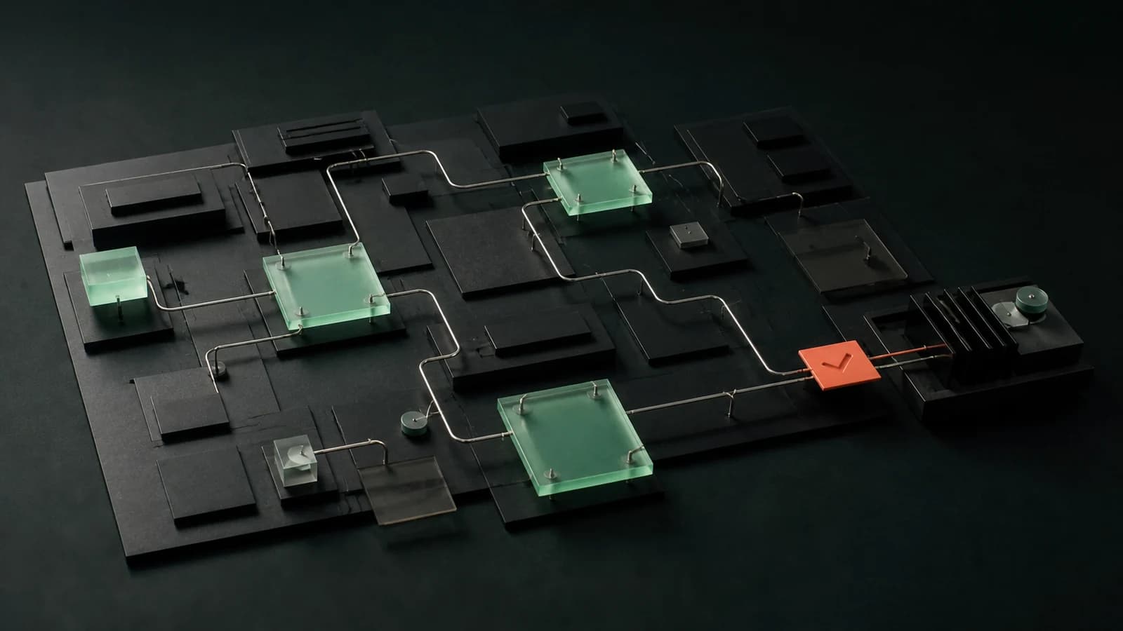 A broad black process landscape with mint bottlenecks and a selected route through a coral priority point into an automation module