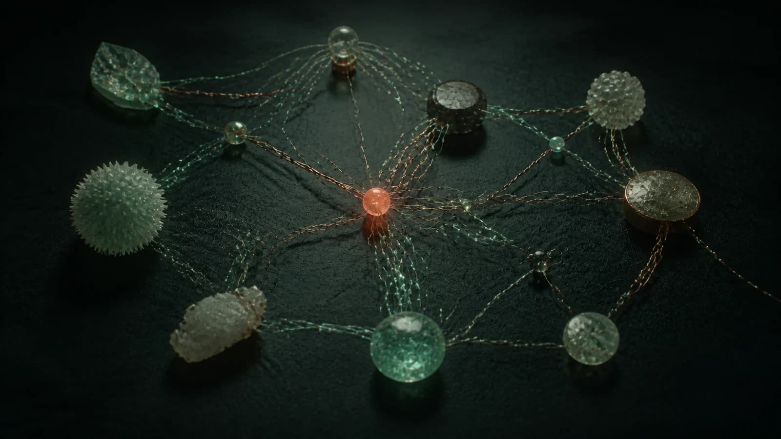 Nodes of different glass, minerals and resin connected by copper and mint fibres around a coral relationship hub