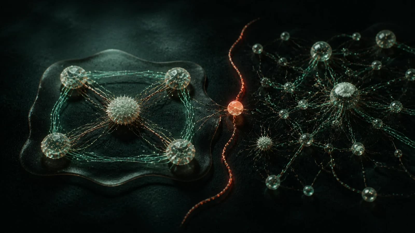 An orderly four-node system around a core beside an overgrown tangled network separated by a coral boundary