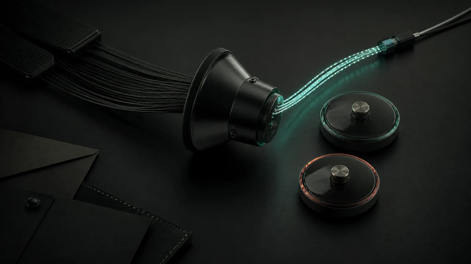 A bundle of black fibres passes through a metal funnel and exits as a few mint cables, with two test controls placed beside it