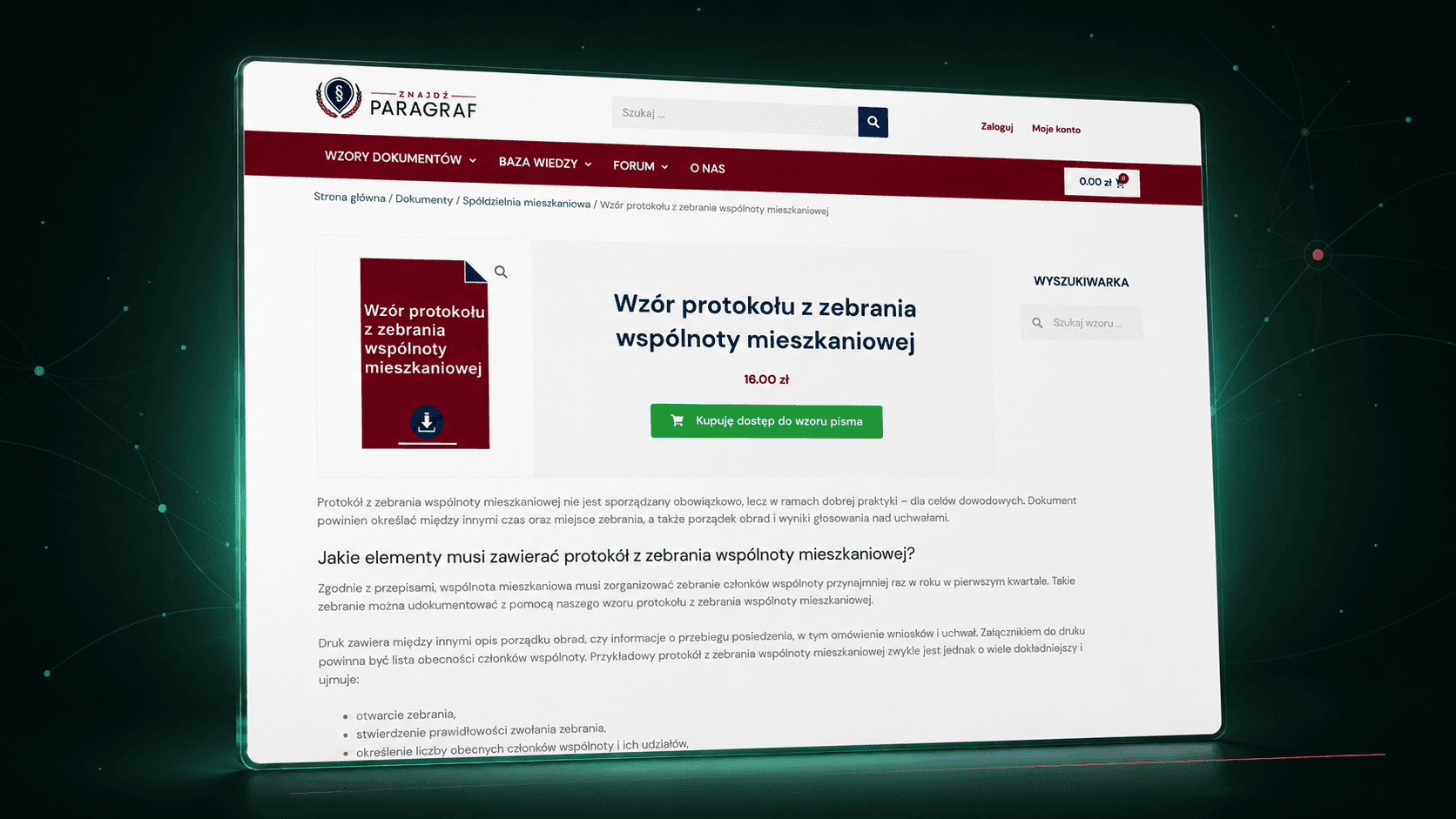 Trzy połączone części serwisu prawnego: wyszukiwanie profili, rezerwacja wizyty i sprzedaż materiałów, obok baza wiedzy