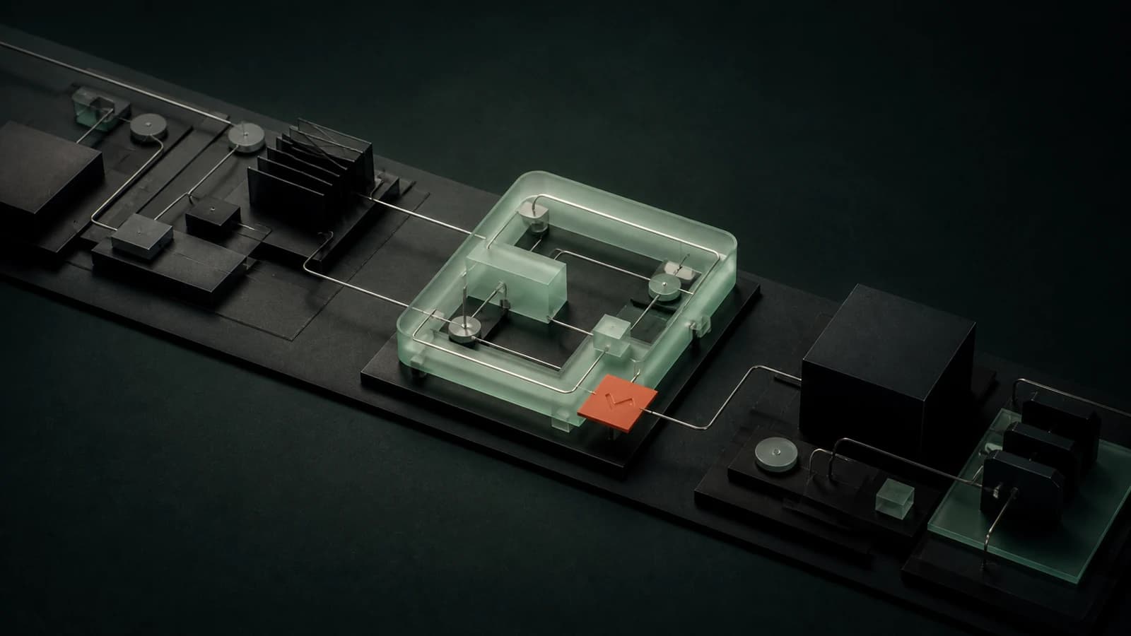A black process track with a central mint automation loop and coral starting point, surrounded by dark manual stations