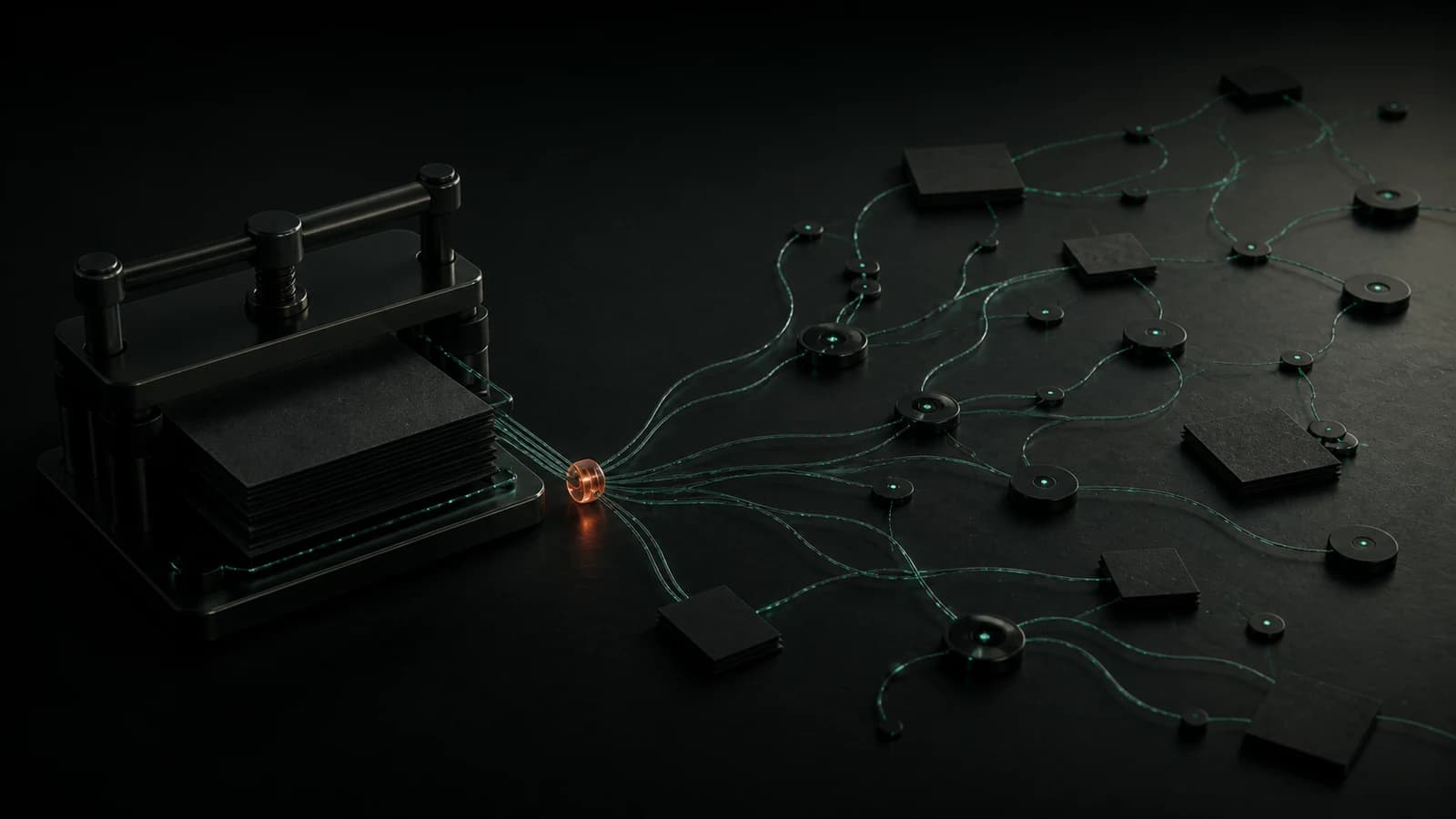 A black content press with blank cards and a coral quality ring spreads a mint network to many discovery points