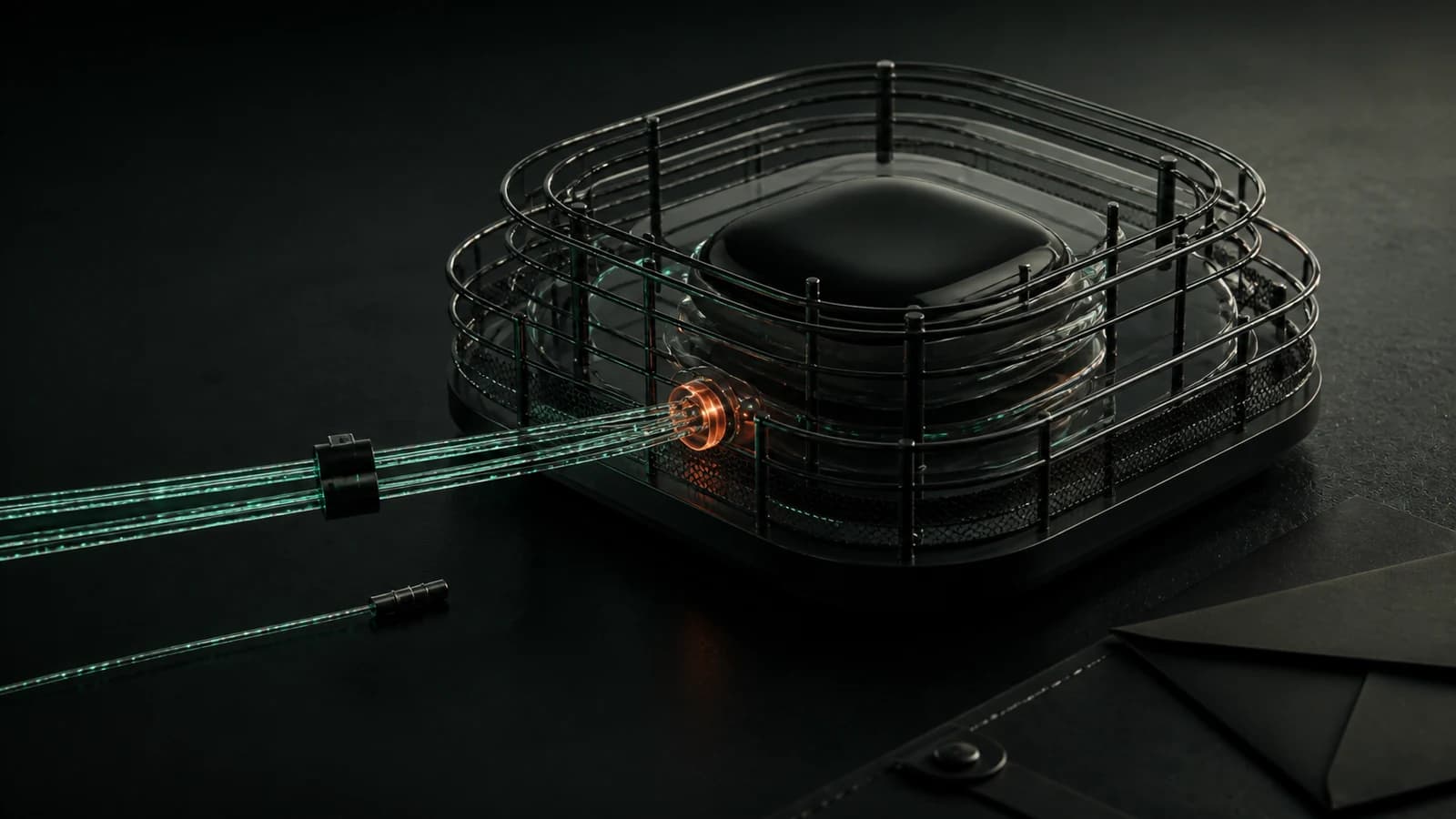 An obsidian archive core within glass shells and a metal lattice receives mint data fibres through a coral inspection point