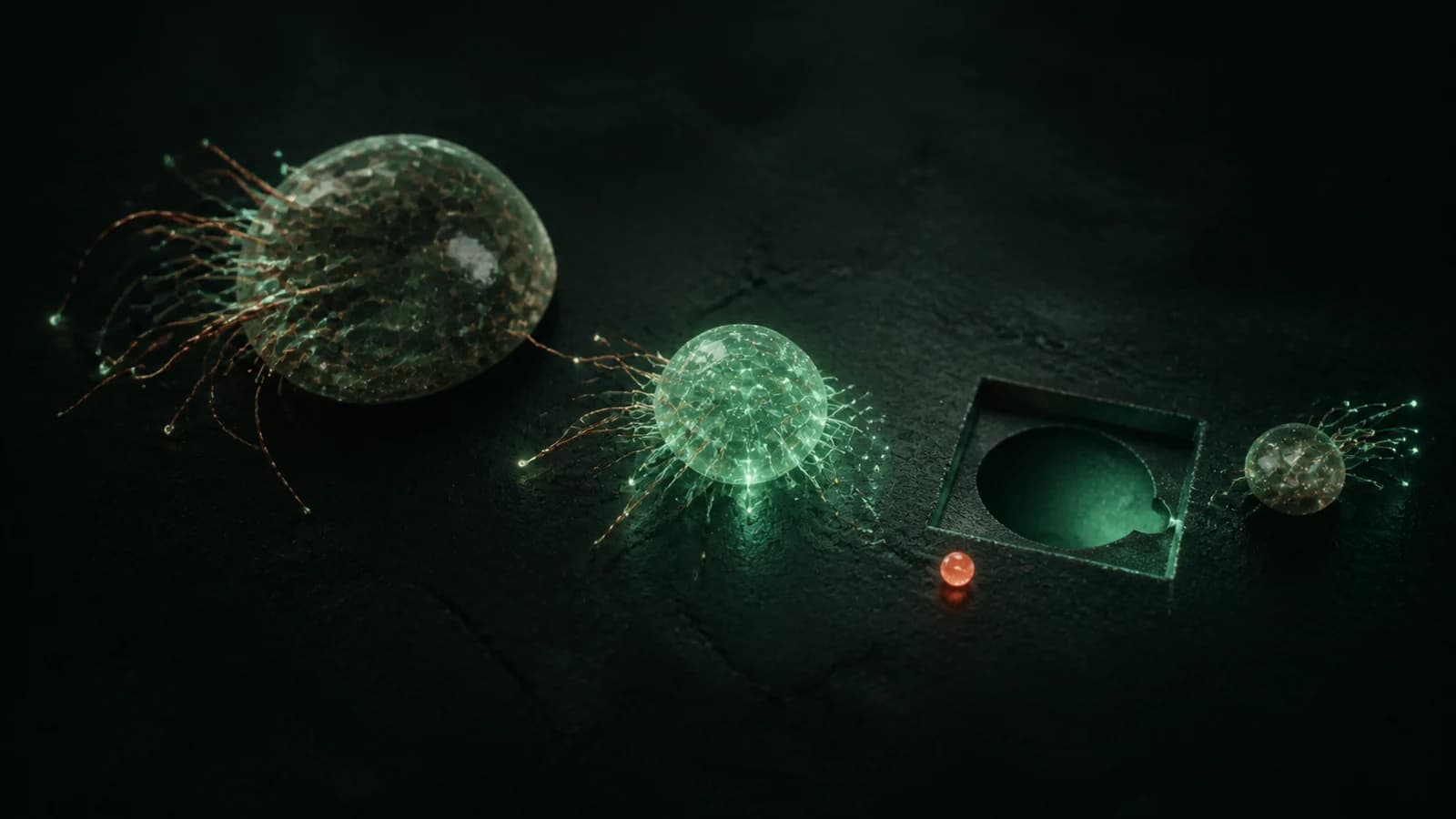Three translucent models of different sizes beside a task-shaped opening, with the best-fitting mint model in the middle