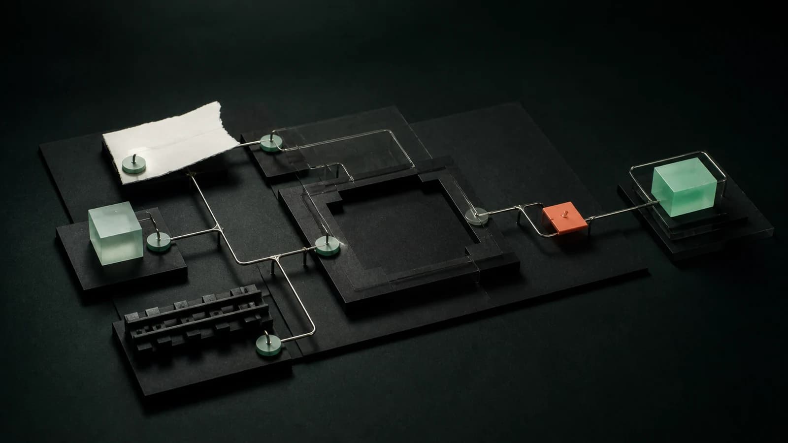 Evidence materials converge in an empty blueprint frame, then pass through a coral gate to a compact mint prototype