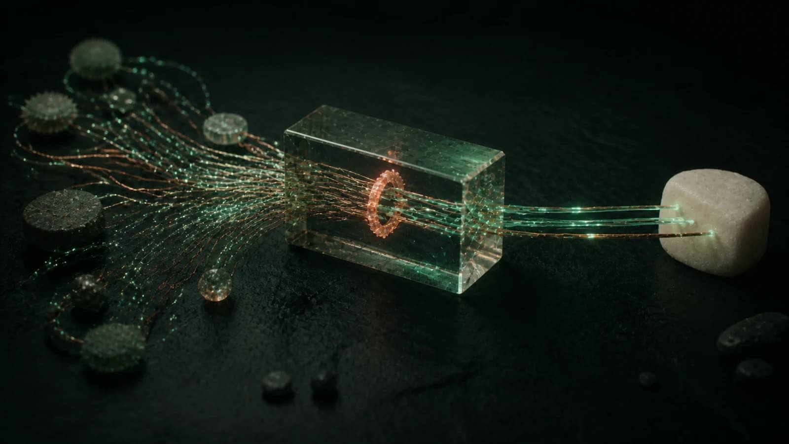 Many source fibres pass through a clear prism and coral verification ring to a pale answer stone