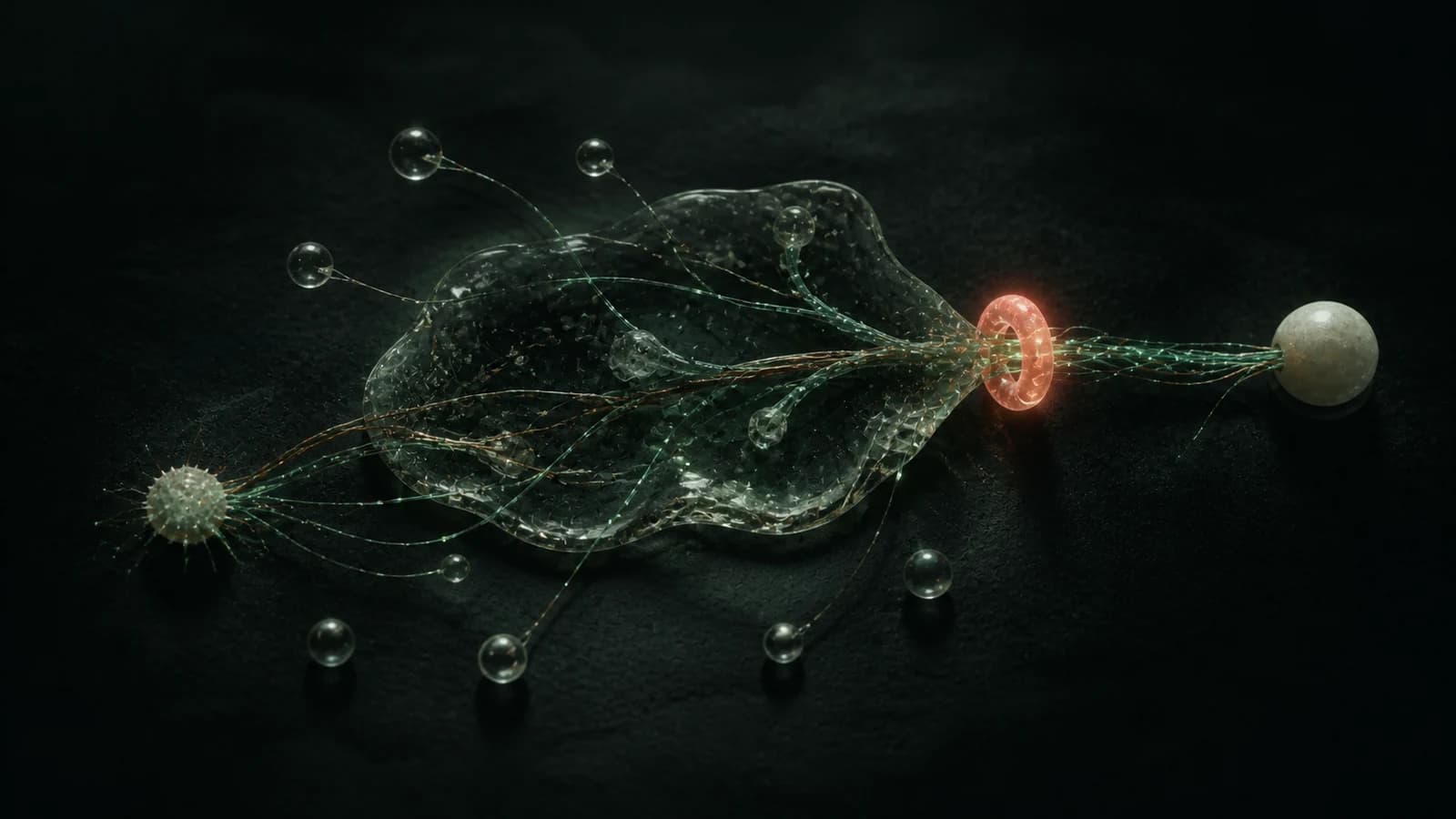 An evidence fibre passes through a glass chamber as a coral verification ring separates false branches from a solid answer