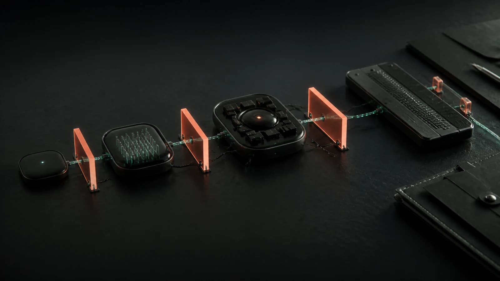 Four increasingly large black modules connected by a mint cable and separated by coral validation gates