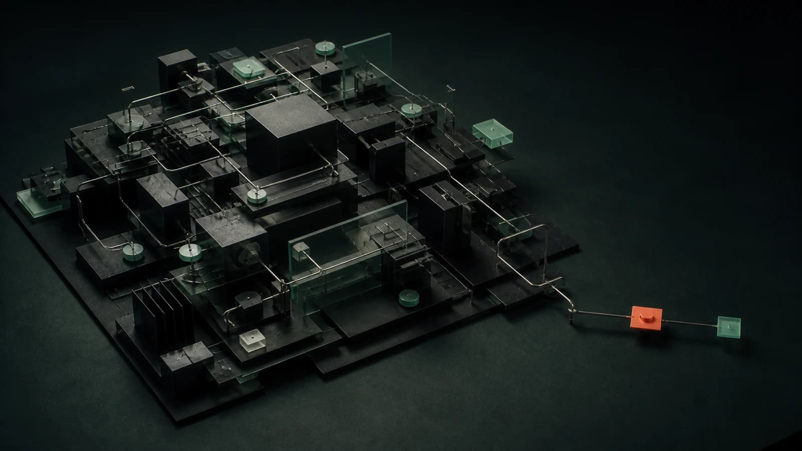 Una gran máquina compleja con muchos módulos produce un único elemento pequeño verde menta junto a una señal coral de parada