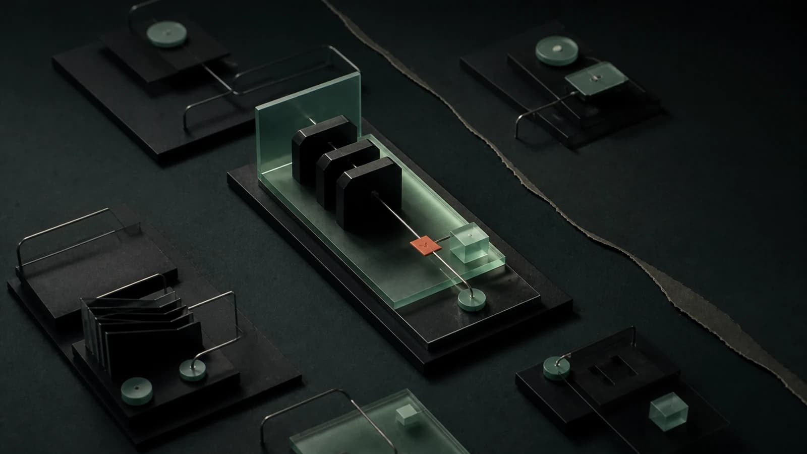 A compact mint product core within black frames, with detached modules scattered beside a coral cut marker