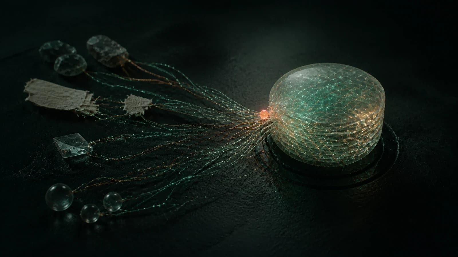 Document, mineral and glass fragments send mint and copper fibres through a coral index into a layered knowledge archive